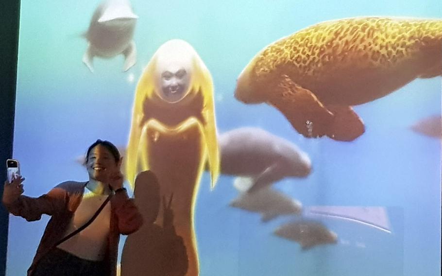 At Joypolis in Tokyo, a scanner allows you to transplant your face onto a floating manatee and feed it with the push of a button.
