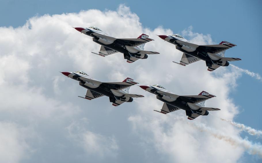 Four United States Air Force Demonstration Thunderbirds” F-16 Fighting Falcons fly in formation during the Charleston Airshow at Joint Base Charleston, S.C., Saturday, April 20, 2024. 