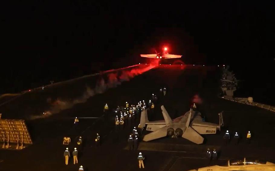 An F/A-18 Super Hornet launches from the USS Dwight D. Eisenhower on Jan. 12, 2024, to target Iranian-backed Houthi militant sites in Yemen, in a screenshot from a video posted by U.S. Central Command. 
