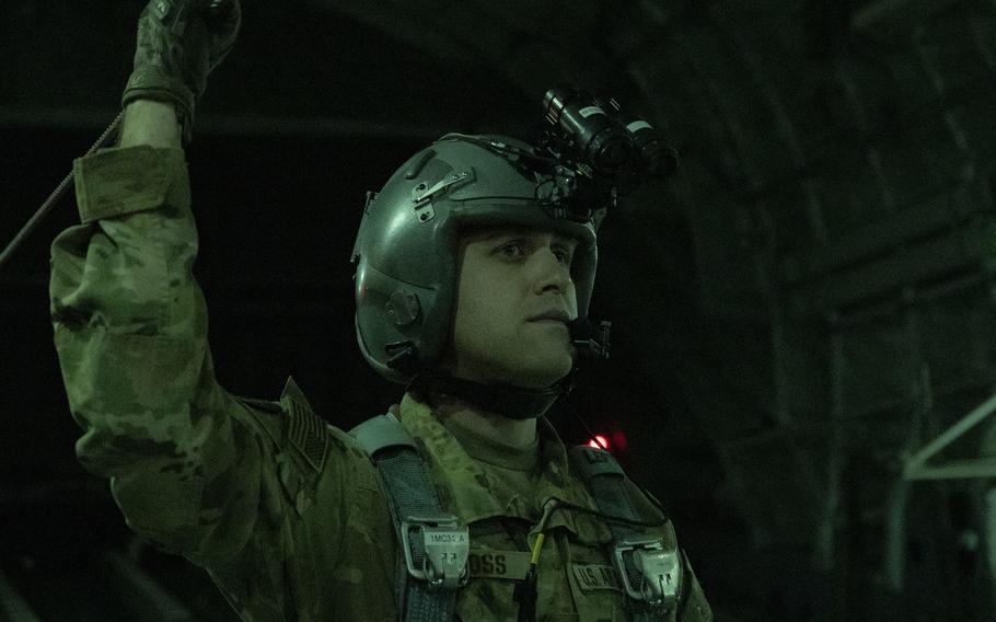 Tech. Sgt. Stewart Gross, a loadmaster assigned to the 816th Expeditionary Airlift Squadron, prepares for an airdrop above U.S. Central Command's area of responsibility, Oct. 21, 2021. The squadron, which just deactivated, was responsible for delivering cargo and passengers to U.S. and partner bases in the region.