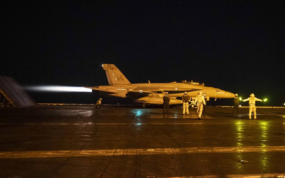 The Nimitz-class aircraft carrier USS Dwight D. Eisenhower (CVN 69) conducts flight operations in response to increased Iranian-backed Houthi malign behavior in the Red Sea, Feb. 23, 2024. The Dwight D. Eisenhower Carrier Strike Group is deployed to the U.S. 5th Fleet area of operations to support maritime security and stability in the Middle East region.