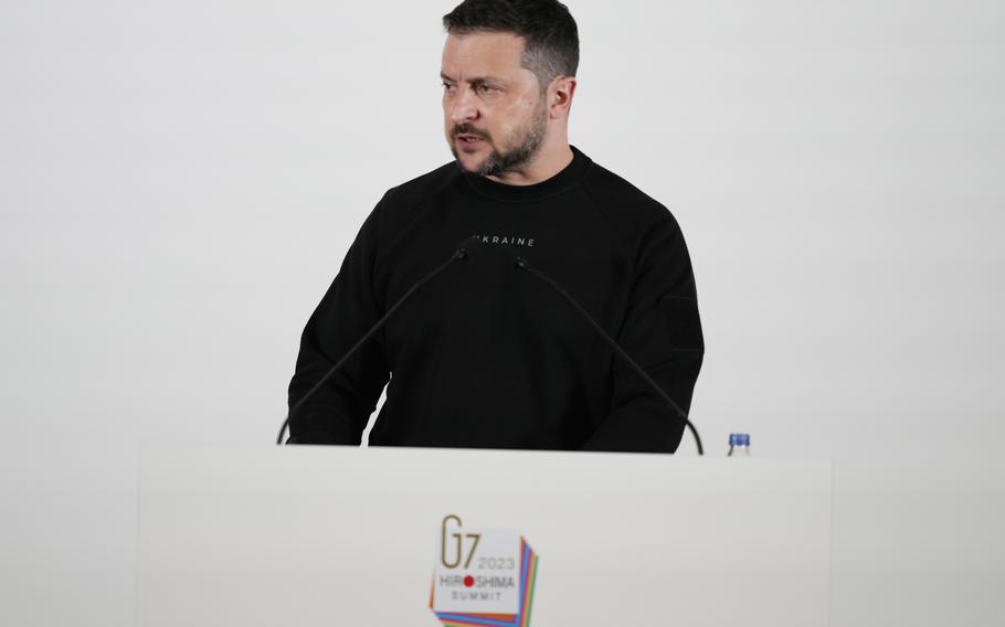 Ukrainian President Volodymyr Zelenskyy speaks during a news conference at the Group of Seven nations’ summit in Hiroshima, western Japan, Sunday, May 21, 2023.