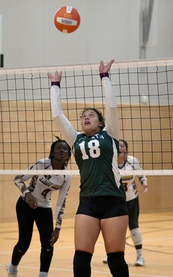 AFNORTH senior Bella Benedetto sets the ball during a Sept. 1, 2023, scrimmage at Spangdahlem High School in Spangdahlem, Germany.