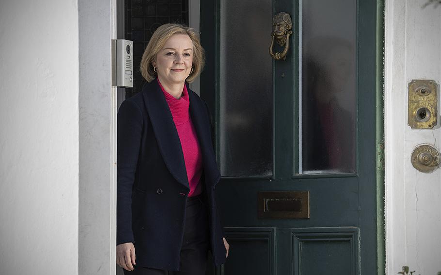 Britain’s former Prime Minister Liz Truss leaves her home on Feb. 5, 2023, in London. 