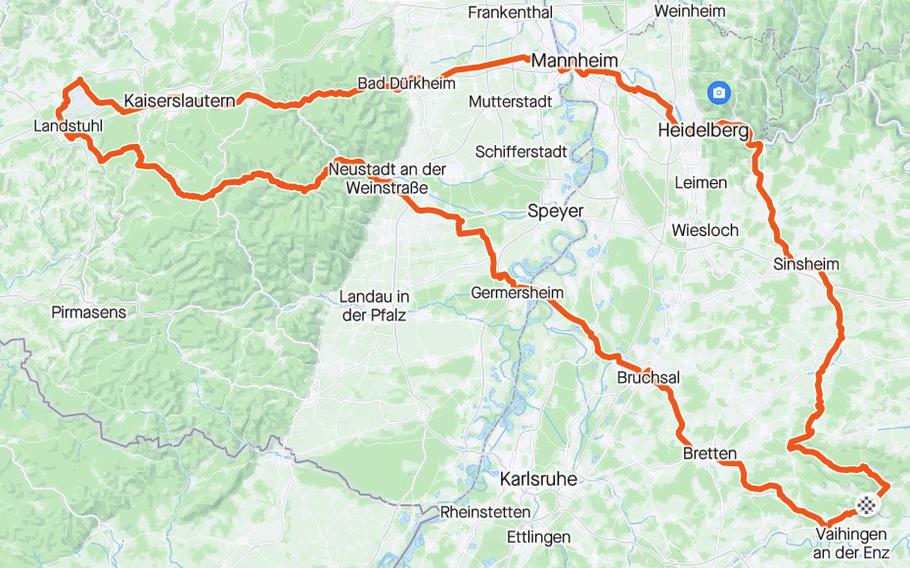 Cyclists will embark on a 213-mile journey advocating for nuclear disarmament, starting in Vaihingen-Enz, passing through Mannheim, Kaiserslautern, Landstuhl and Ramstein, before returning to Vaihingen. Key stops include a midday break near Ramstein Air Base.