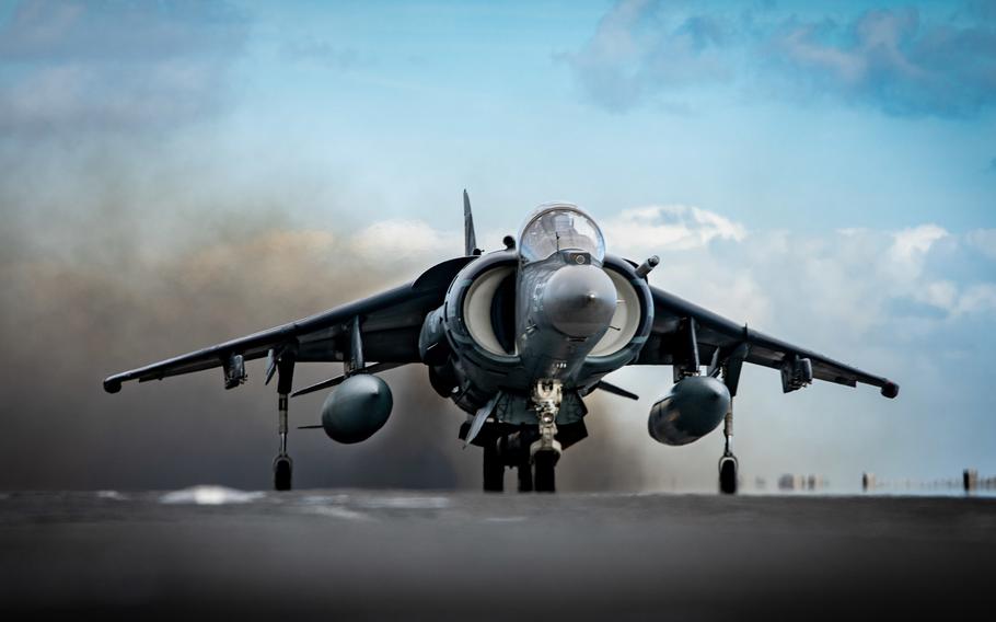 A Marine Corps AV-8B Harrier operates from the amphibious assault ship USS Kearsarge in the Atlantic Ocean on June 27, 2022. 