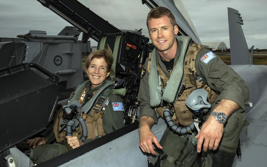 U.S. Ambassador to Australia Caroline Kennedy and Australian air force Flight Lt. Matthew Bleach flew together in an F/A–18F Super Hornet, Tuesday, Feb. 28, 2023.