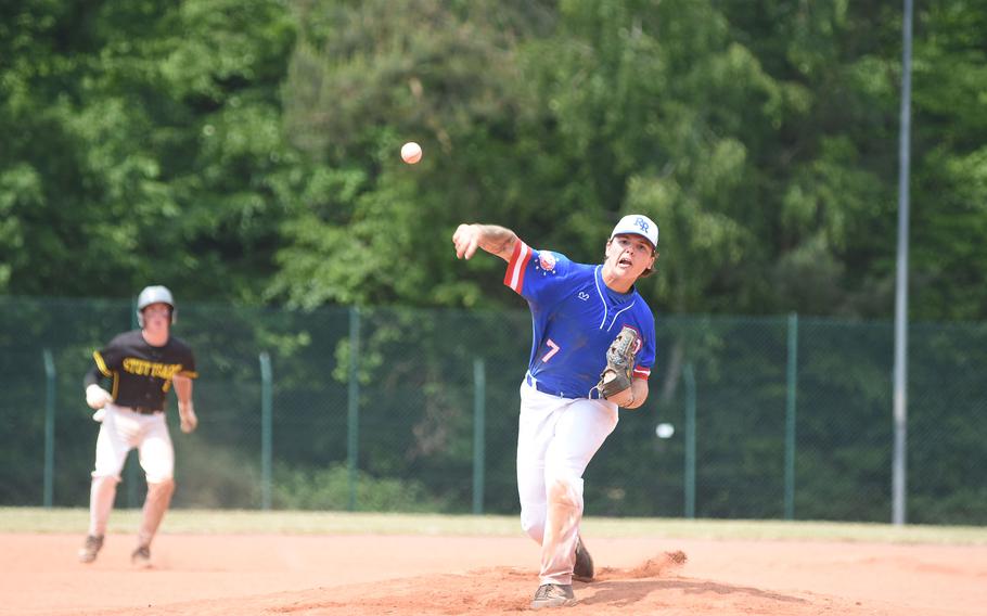 Ramstein pitcher William Schmeidel threw heat and played with fire Wednesday, May 21, 2025, on the openign day of the DODEA-Europe Division I baseball championships at Kaiserslautern, Germany.