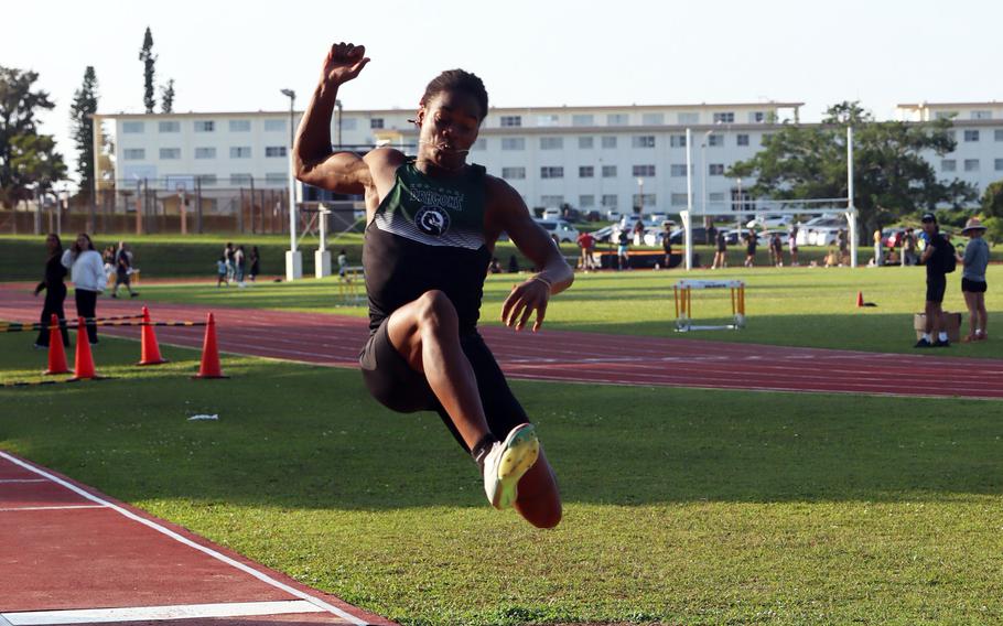 On the first day of the two-day Okinawa track meet, Kubasaki senior Carlos Cadet recorded a triple jump of 13.62 meters, .23 short of the 40-year-old Pacific record. Cadet also holds the Pacific record in the 110 hurdles, but faces a forecast of rain Friday if he wishes to beat his record 14.61 seconds.
