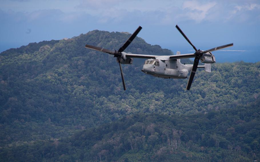 A Marine Corps MV-22B Osprey flies aid supplies to Bougainville Island, Papua New Guinea, on Aug. 12, 2023. Gen. Eric Smith, the assistant commandant of the Marine Corps, called for a servicewide safety review to be done by Sept. 15 following an Osprey crash this week that killed three Marines and left eight hospitalized.