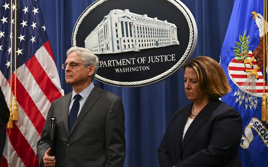 Attorney General Merrick Garland and Deputy Attorney General Lisa O. Monaco at Justice Department headquarters in Washington, D.C., on Oct. 24, 2022.