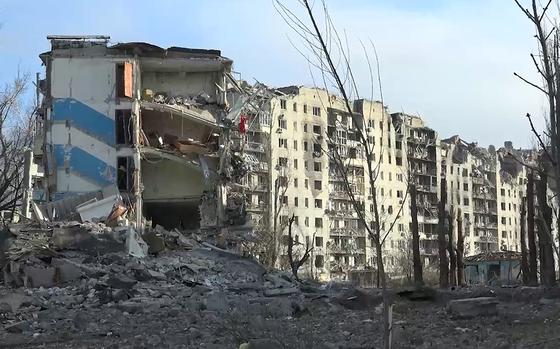 This photo taken from video released by the head of the Russian-controlled Donetsk region Denis Pushilin's telegram channel on Saturday, Feb. 24, 2024, shows damaged buildings, after Russian forces completed their takeover of Avdiivka, eastern Ukraine. Russian-controlled Donetsk region. (Head of the Russian-controlled Donetsk region Denis Pushilin telegram channel via AP)