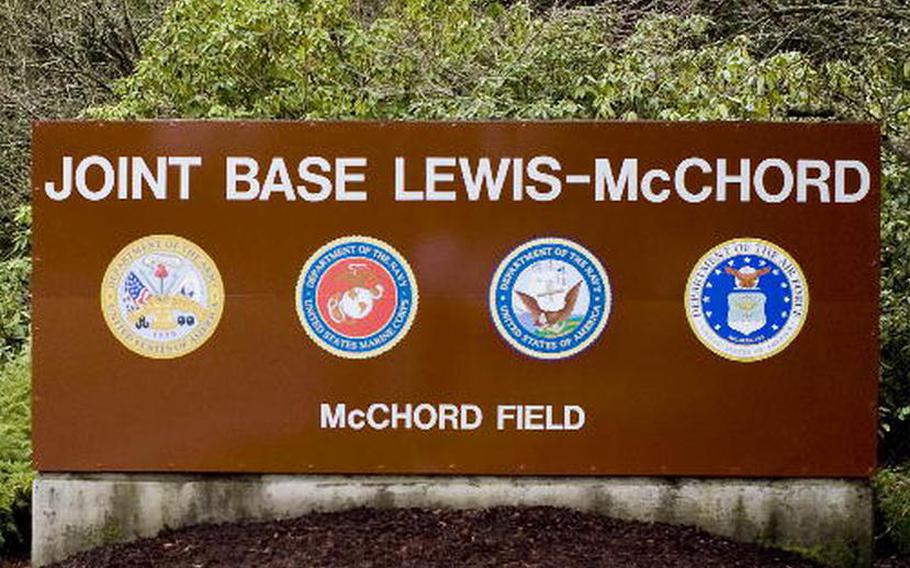 An entrance sign to Joint Base Lewis-McChord, Wash.