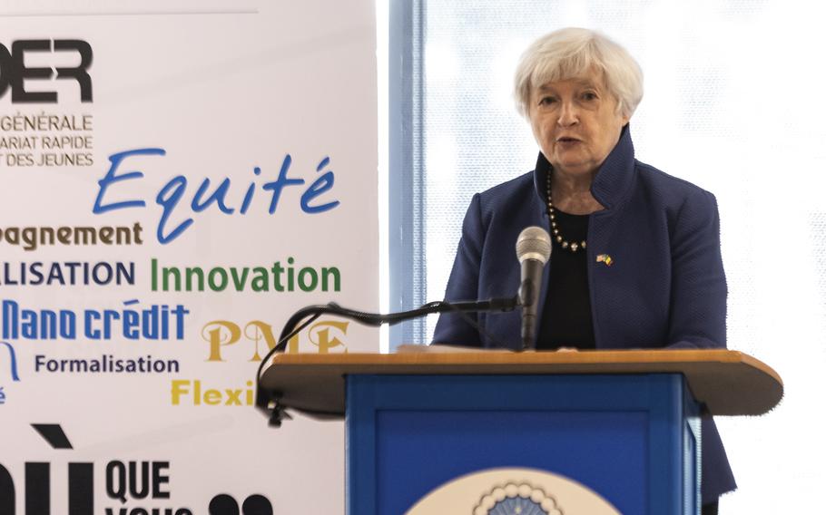 U.S. Treasury Secretary Janet Yellen delivers a speech to the General Delegation for Rapid Entrepreneurship of Women and Youth in Dakar, Senegal, Friday Jan. 20, 2023. The Biden administration’s big push to engage more with Africa is underway as Yellen begins a 10-day visit aimed at promoting all the economic possibilities that lie between the U.S. and the world’s second-largest continent.