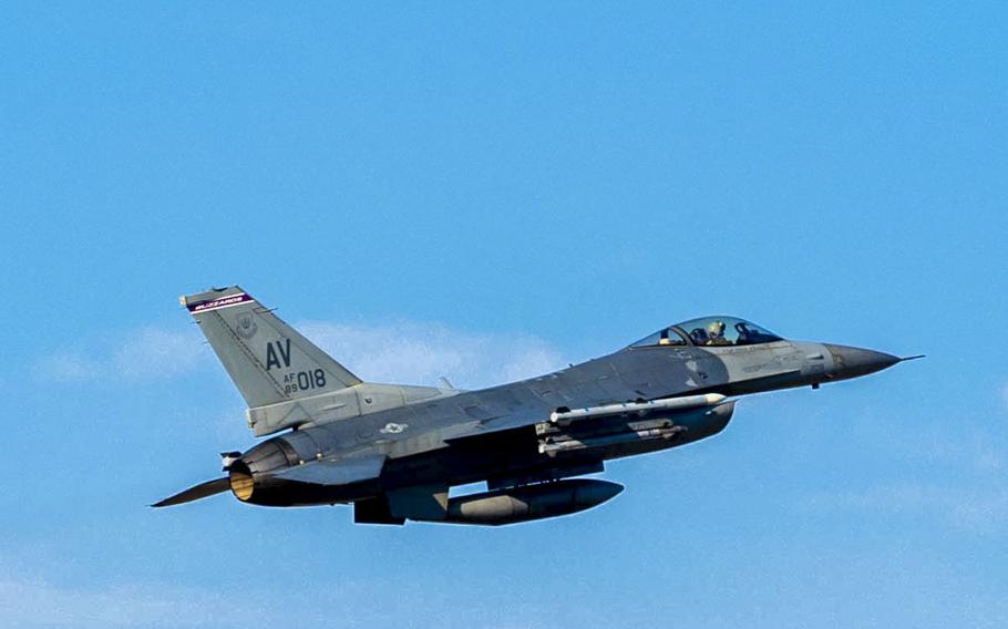 In this photo provided by the US Embassy in Bosnia and Herzegovina, a US Air Force F-16 Fighting Falcon flies as part of joint air-to-ground training involving American and Bosnian forces on Monday, Jan. 8, 2024. 