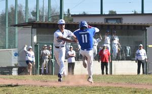 Ramstein's Christian Roy tags Wiesbaden's Jonah Harvey during the first game of a doubleheader on April 12, 2025, at Southside Fitness Center on Ramstein Air Base, Germany.