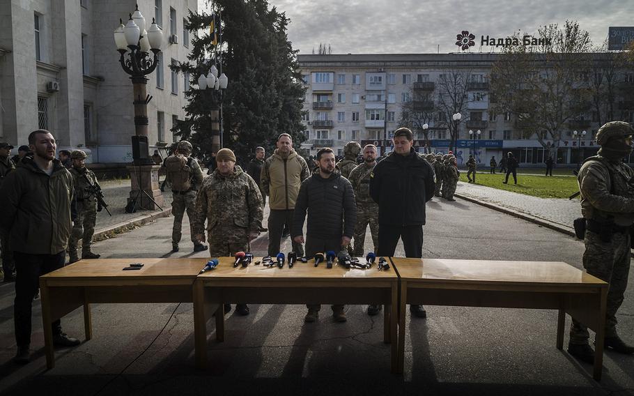 Ukrainian President Volodymyr Zelenskyy visits the liberated city of Kherson on Monday, Nov. 14, 2022.