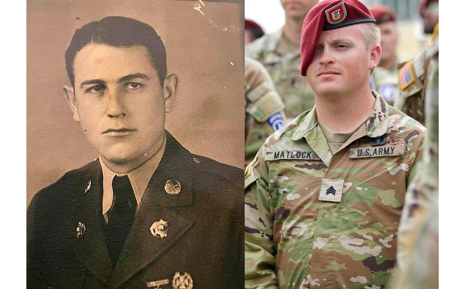 Sgt. Dakota Matlock, right, had a great-great-uncle, Edward John Sharp, who was part of the initial unit to storm Omaha Beach on June 6, 1944.