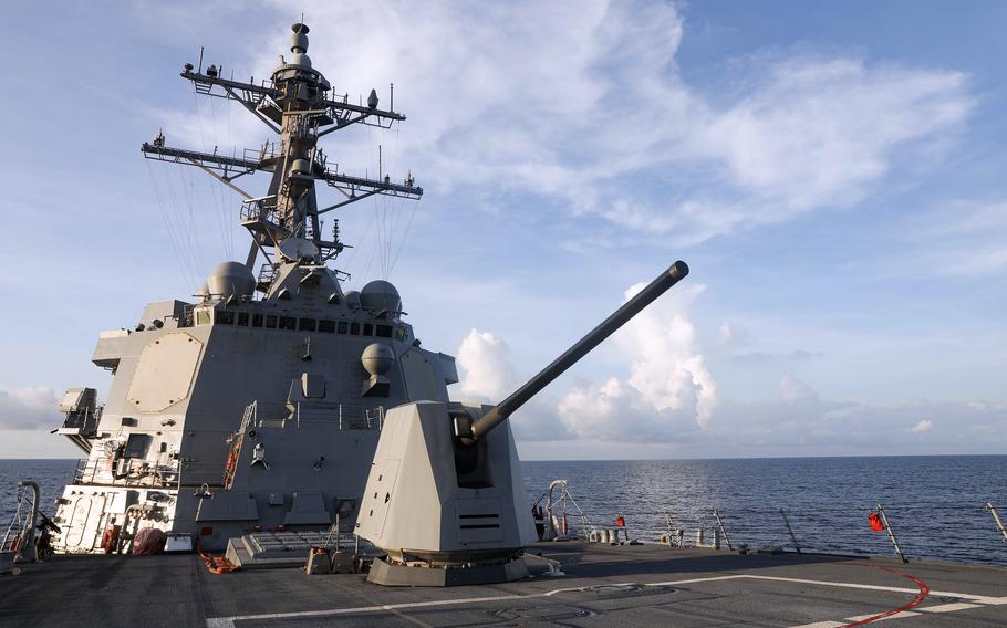 The guided-missile destroyer USS Dewey carrioud out a freedom-of-navigation operation near four features of the contested Spratly island chain in the South China Sea, Friday, Nov. 3, 2023. 