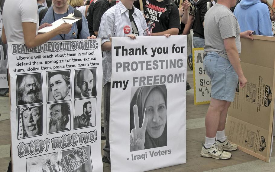 Counter-demonstrators gather at the Navy Yard in Washington, blocks from the National Mall, where anti-war protesters were assembling for their march Sept. 24, 2005.  