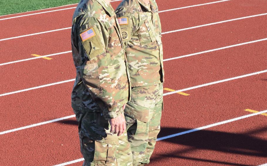 Lt. Gen. Pat White and Command Sgt. Maj. Cliff Burgoyne Jr., commander and senior noncommissioned officer of III Corps and Fort Hood, listen to soldiers Tuesday at an outdoor stadium at Fort Hood, Texas. White addressed an Army report released that morning that shed light on the failings of base leadership and resulted in disciplinary action for 14 leaders.
ROSE L. THAYER/STARS AND STRIPES