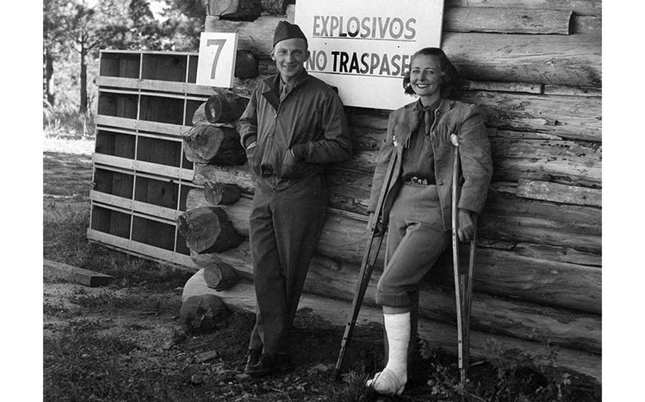 In the spring of 1945, Frances Dunne’s leg broke when it was hit by a snapped cable. Dunne is pictured here at the Twomile Mesa explosives site with her colleague Howard Phanstiel.