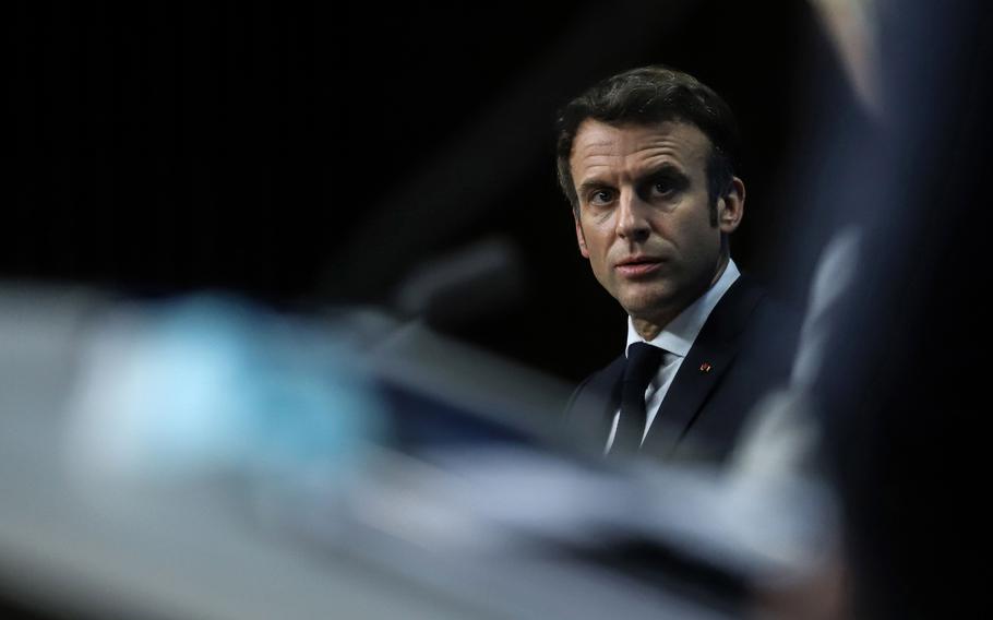 Emmanuel Macron, France’s president, speaks to members of the media at a news conference in Brussels on Feb. 24, 2022. 