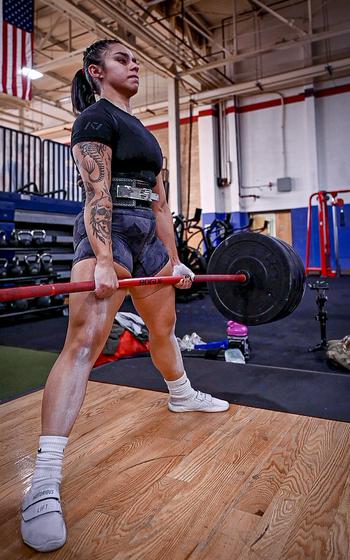 Senior Airman Bianca Mendoza, 377th Security Forces Group defender, deadlifts at Kirtland Air Force Base, N.M., Dec. 15, 2023.