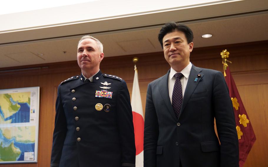 The head of U.S. Space Command, Space Force Gen. Stephen Whiting, visits Japanese Defense Minister Minoru Kihara at the ministry's headquarters in Tokyo, April 24, 2024. 