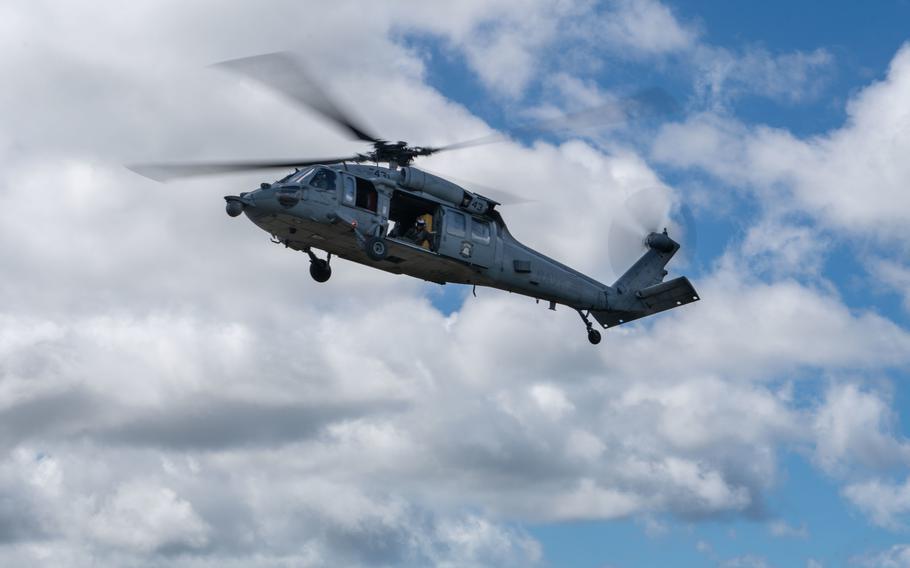 A Navy MH-60S Sea Hawk helicopter.