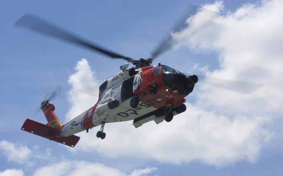 An MH-60 Jayhawk helicopter aircrew from Coast Guard Air Station Elizabeth City, North Carolina, searched in the vicinity of Portsmouth Island in Ocracoke Inlet in North Carolina on Sunday for a 27-year-old woman who is missing after a canoe capsized.