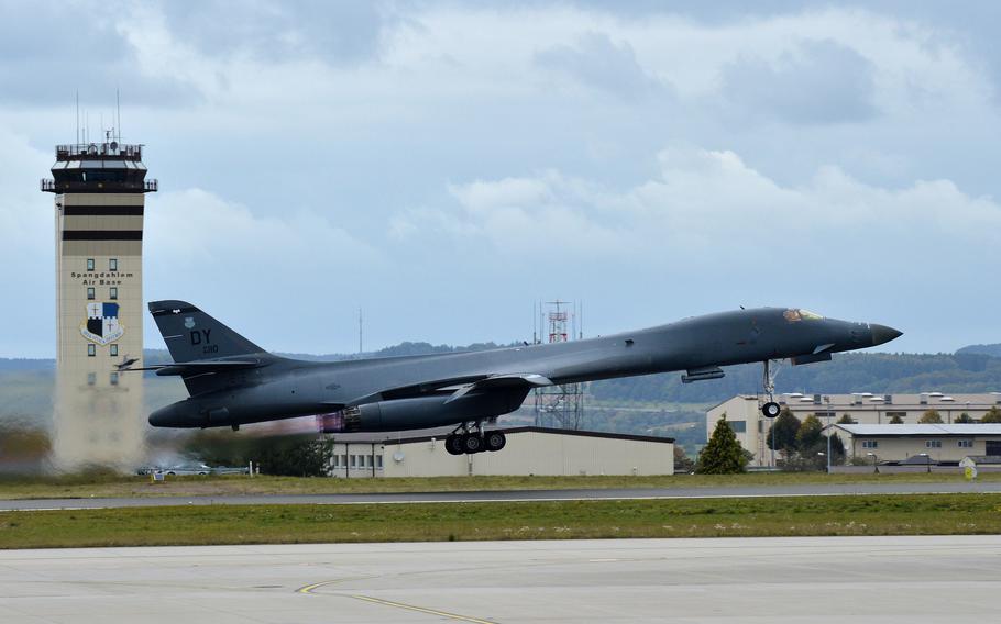 A B-1B Lancer from the 9th Expeditionary Bomb Squadron takes off from Spangdahlem Air Base, Germany, Oct. 11, 2021. A pair of “Bones” landed at the base for the first time ever, refueling during a Bomber Task Force mission in Europe.