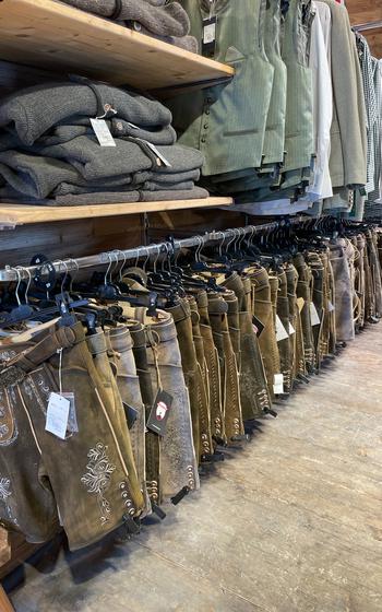 Row of Lederhosen on a shopping rack