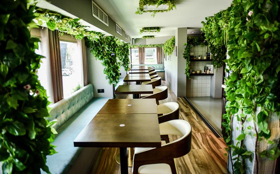 Patrons at Petiole Cafe in Bahrain are greeted by lush artificial greenery, a nod to the restaurant's eco-friendly ethos.