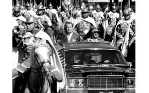 Hed: President Nixon and  Generalissimo Franco, 1970

Madrid, Spain, Oct. 2, 1970:  President Nixon and Spanish leader Generalissimo Francisco Franco are accompanied by Franco's mounted escort as they ride from Madrid's Barajas Airport to Moncloa Palace. A crowd of an estimated 1.5 million people greeted Nixon as he arrived in the city midway through a trip that also took him to Italy, Yugoslavia, Britain and Ireland.

Looking for Stars and Stripes’ historic coverage? Subscribe to Stars and Stripes’ historic newspaper archive! We have digitized our 1948-1999 European and Pacific editions, as well as several of our WWII editions and made them available online through https://starsandstripes.newspaperarchive.com/

META TAGS: Presidential visit; international relations; military dictator; nationalism; authoritarianism; Spanish Civil War; 