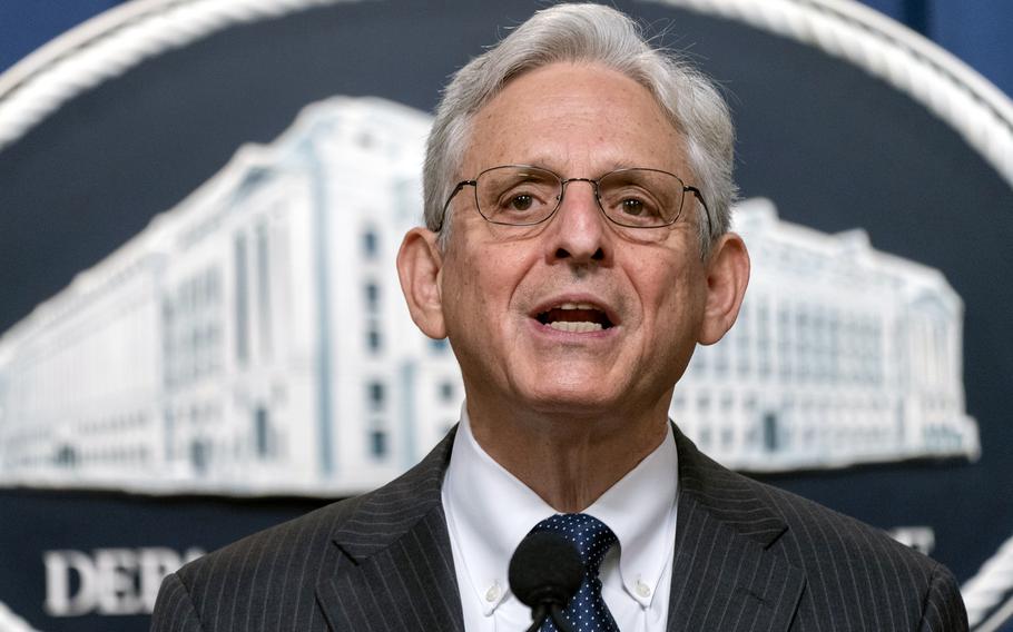Attorney General Merrick Garland speaks during a news conference at the Department of Justice, June 13, 2022 in Washington. The Justice Department says a Russian operative has been charged with using political groups in the United States to advance pro-Russia propaganda. Aleksandr Viktorovich Ionov is charged in federal court in Florida with conspiring to have U.S. citizens act as illegal agents of the Russian government.
