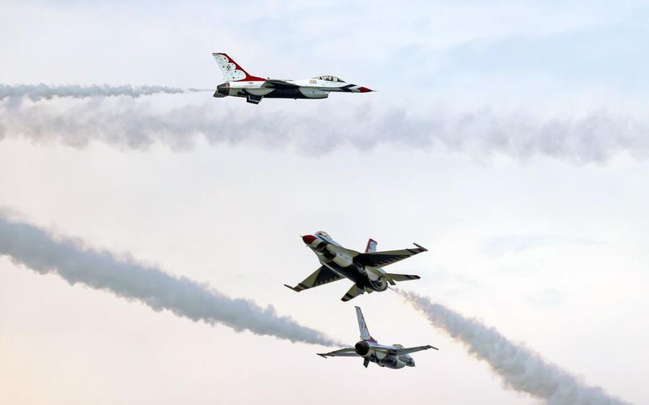 The U.S. Air Force Thunderbirds perform at the Cleveland National Air Show. The Cleveland National Air Show takes place Labor Day weekend at Burke Lakefront Airport.