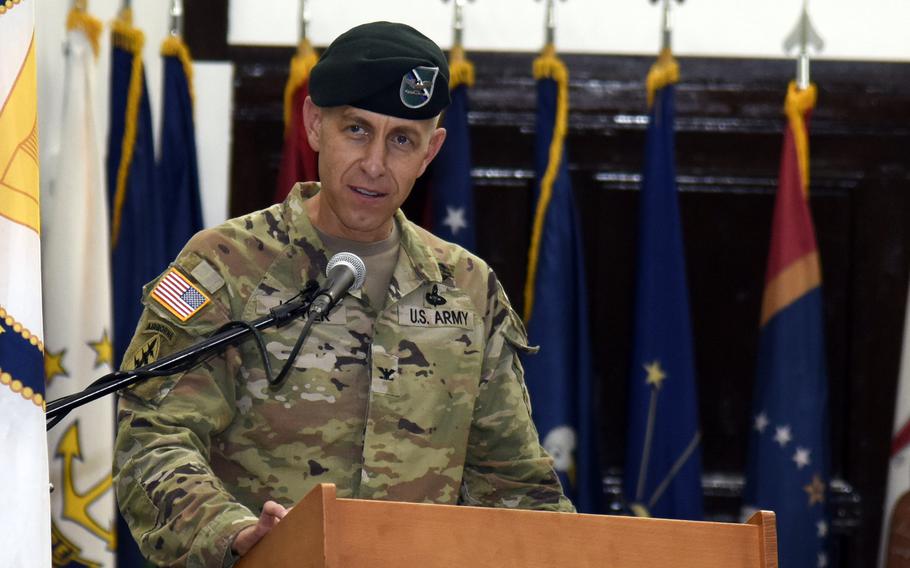 Col. Marcus Hunter speaks after taking command of U.S. Army Garrison Japan at Camp Zama, Friday, July 7, 2023.