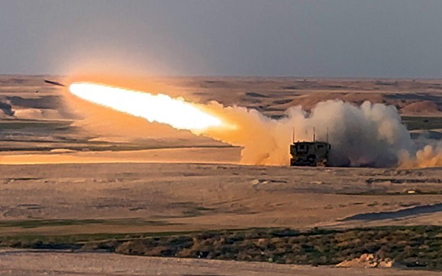 A U.S. Army M142 High Mobility Artillery Rocket System fires rounds during an exercise Dec. 11, 2023, at King Khalid Military City in Saudi Arabia. Military spending worldwide reached a record high of $2.4 trillion last year, the Stockholm International Peace Research Institute said in a report released April 22, 2024.