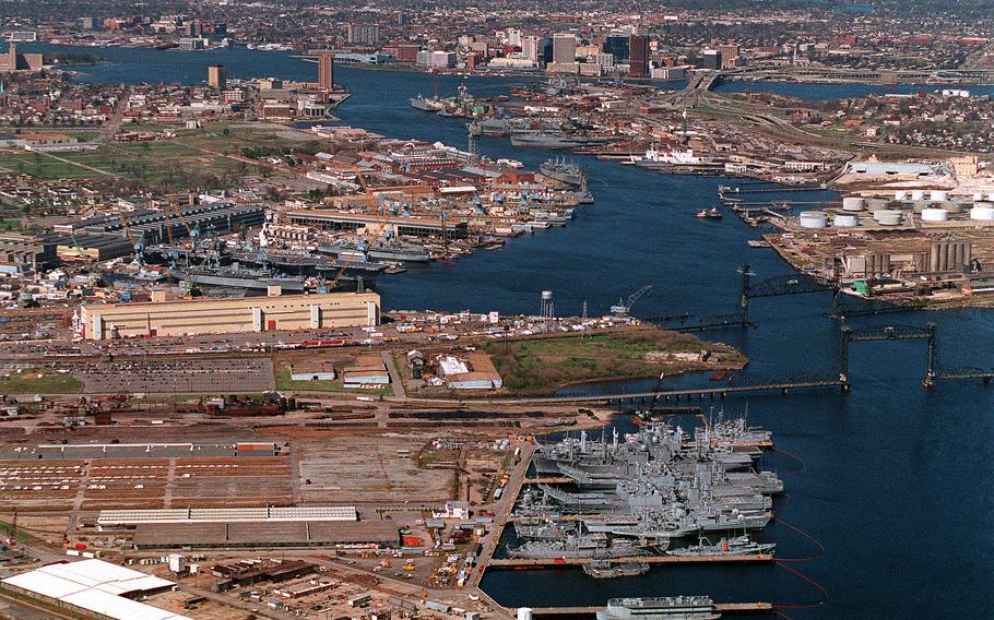 An aerial view of Norfolk Naval Shipyard. A portion of staff at the shipyard will be required to wear masks indoors on federal facilities again on Monday, Jan. 16, 2023 — for at least a week.