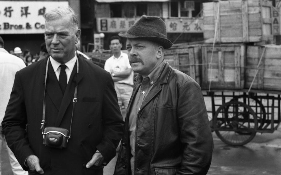 General James Van Fleet (left) with actor Richard Attenborough on the set of “The Sand Pebbles,” in the Port of Keelung, Taiwan, Nov. 29, 1965. 