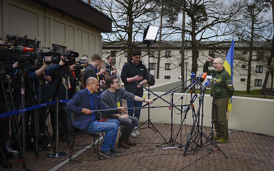 Ukrainian Defense Secretary Oleksii Reznikov ends a press briefing with the words “Slava Ukraini!” (Glory to Ukraine!) during the Ukraine Defense Contact Group meeting April 21, 2023, at Ramstein Air Base in Germany.