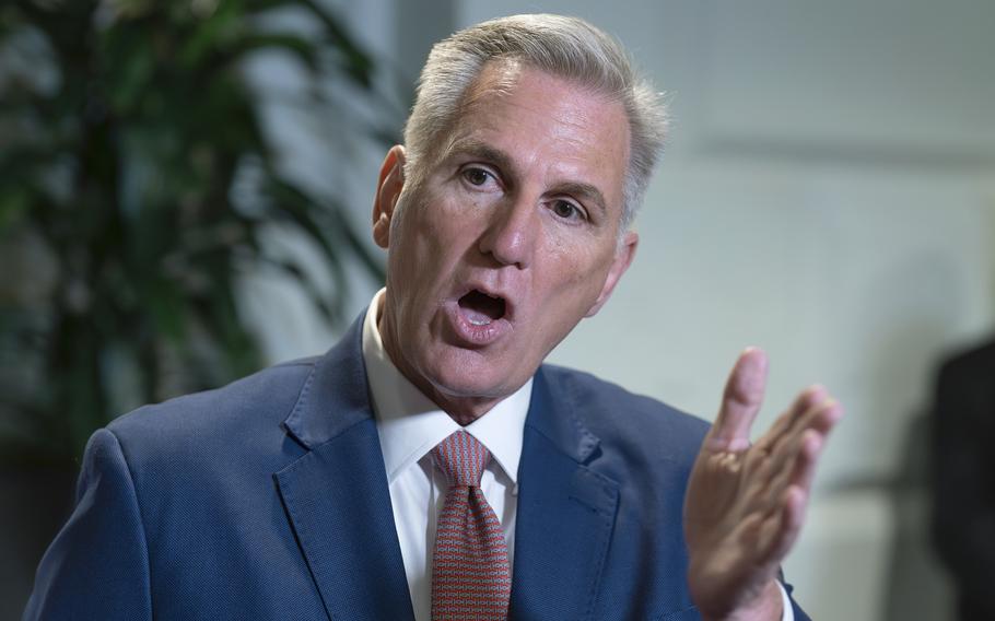 Speaker of the House Kevin McCarthy, R-Calif., talks to reporters following a closed-door meeting with fellow Republicans at the Capitol in Washington, Sept. 14, 2023. 