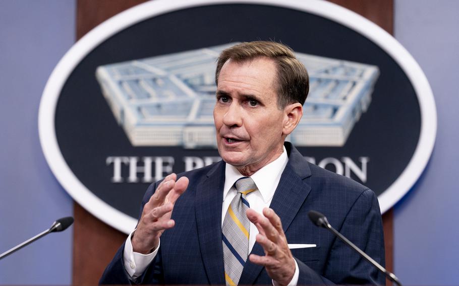 Pentagon spokesman John Kirby speaks during a briefing at the Pentagon in Washington, Aug. 12, 2021. The first of three battalions has arrived in Kabul to help some American diplomats and Afghan refugees evacuate Afghanistan, Kirby said Friday, Aug. 13, 2021.