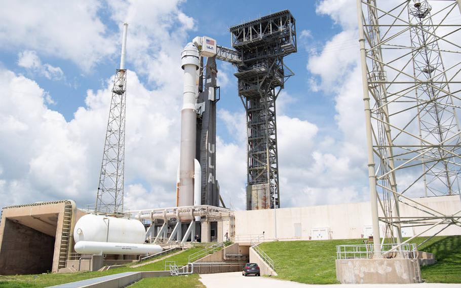 A United Launch Alliance Atlas V rocket with Boeing’s CST-100 Starliner spacecraft onboard is seen on the launch pad at Space Launch Complex 41.