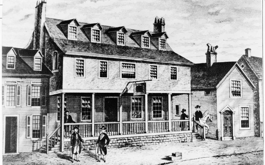 A drawing of the old Tun Tavern in Philadelphia.