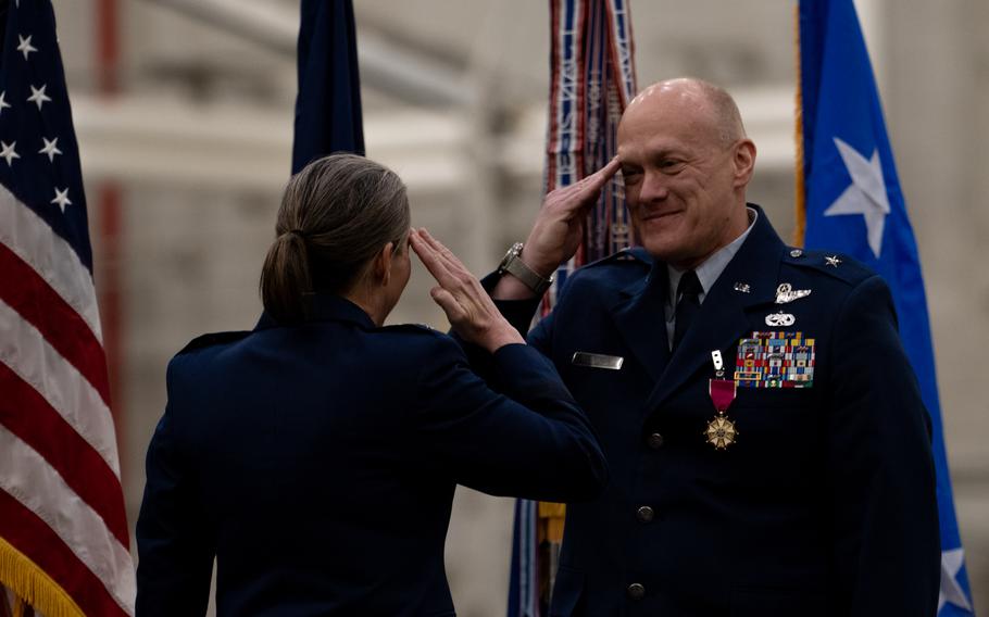 New York Air National Guard Brig. Gen. Gary Charlton salutes Maj. Gen. Denise Donnell after receiving the Legion of Merit at Stewart Air National Guard Base, N.Y., Jan. 6, 2024. Former 105th Airlift Wing commander Charlton has accepted a position with the National Guard Bureau as director of operations for the Air National Guard in Washington.