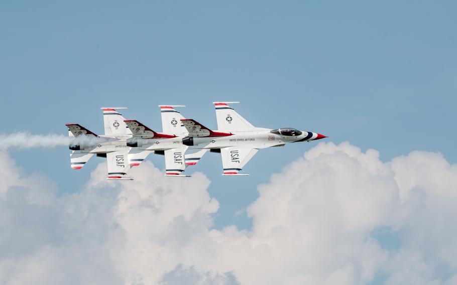 Three United States Air Force Demonstration “Thunderbirds” F-16 Fighting Falcons fly in formation during the Charleston Airshow at Joint Base Charleston, S.C., Saturday, April 20, 2024. 