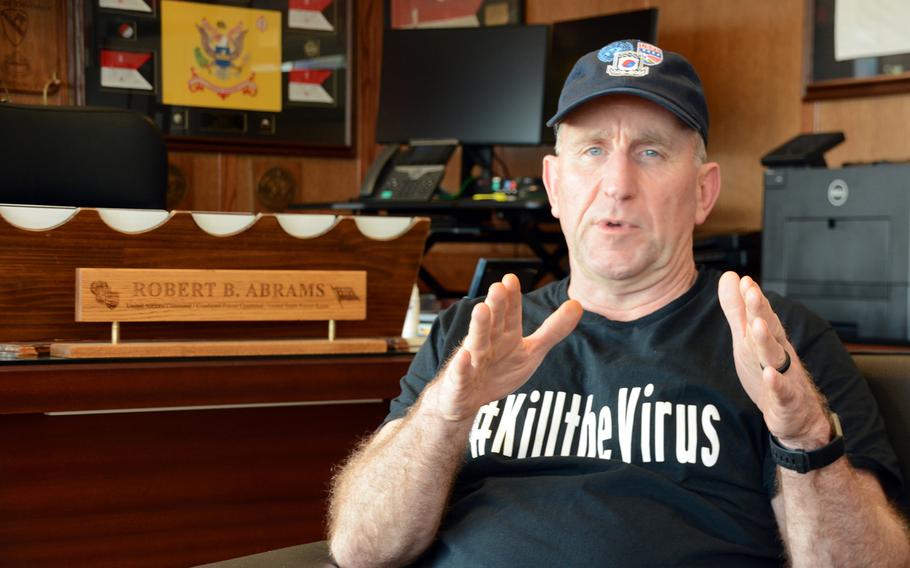 Gen. Robert Abrams discusses the coronavirus threat during an interview with Stars and Stripes in his office as Camp Humphreys, South Korea, March 27, 2020. 