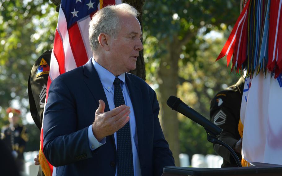 Sen. Chris Van Hollen, D-Md., spoke at the ceremony for Army medic Waverly Woodson who posthumously received the Bronze Star and Combat Medic Badge on Wednesday, Oct. 11, 2023, for treating more than 200 troops on D-Day in the only all Black unit to storm the beaches of Normandy on June 6, 1944. Van Hollen has fought to get Woodson’s Bronze Star upgraded to the Medal of Honor. 